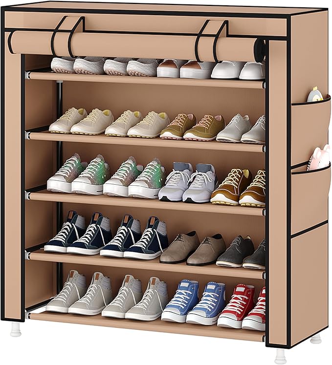 Laiensia 5-Tier Vertical Shoe Rack Organizer, Space Saving Shoe Storage Organizer, Non-Woven Cover Shoe Shelf Holds 20-25Pairs for Bedroom, Hallway, Closet Entryway, Brown-NeatNest