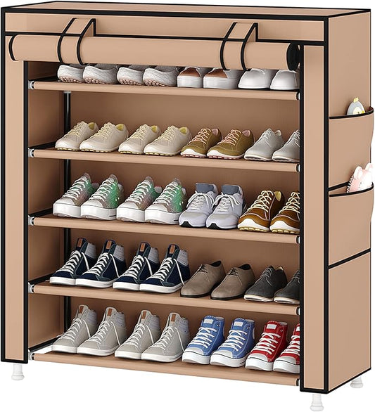 Laiensia 5-Tier Vertical Shoe Rack Organizer, Space Saving Shoe Storage Organizer, Non-Woven Cover Shoe Shelf Holds 20-25Pairs for Bedroom, Hallway, Closet Entryway, Brown-NeatNest