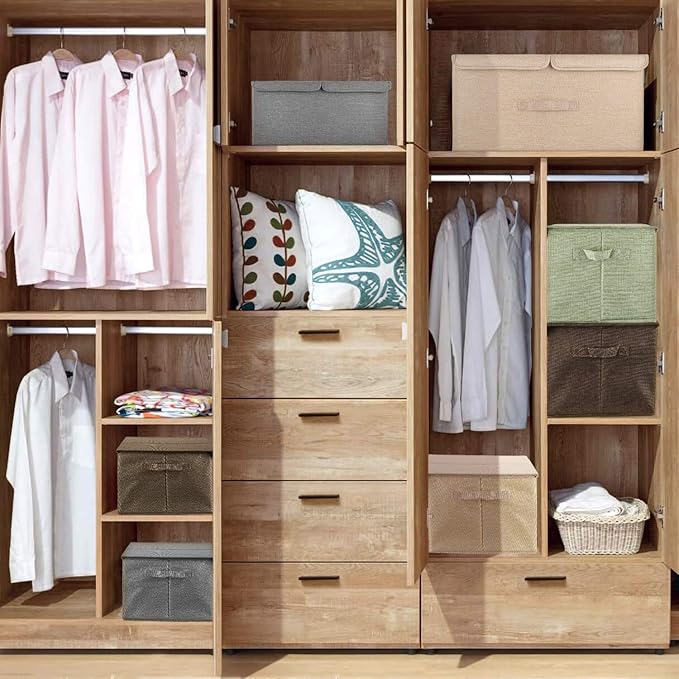 2 Pack Large Storage Boxes with Lids and Handles, Collapsible Linen Storage Bins Organizer Containers Baskets Cube with Removable Divider for Home Bedroom Closet Office (Cream, Small)-NeatNest