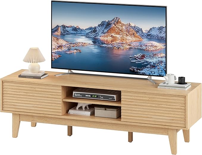 Fluted TV Stand for 55 65 Inch TV, Mid Century Modern Entertainment Center with Shelves, Cabinets & Sliding Doors, TV Media Console Table with Wood Feet & Cord Holes for Living Room, Bedroom, Natural-NeatNest