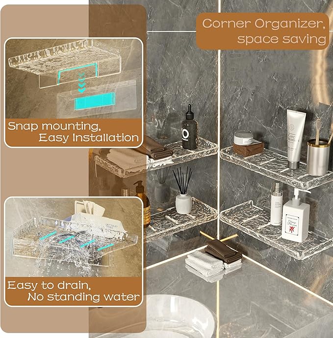 2 Piece Shower Organizer, Wall Floating Shelf, Clear Wall Mounted Organizer for Bathroom Storage and moreAcrylic No Drill Wall Mount Adhesive Shelf