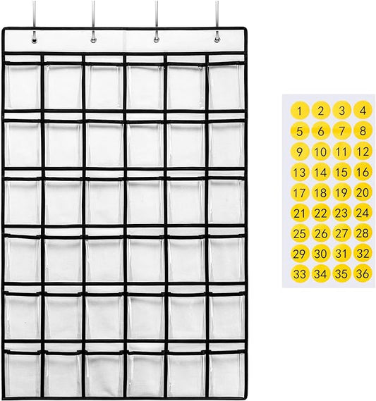 36 Clear Pockets Classroom Pocket Chart for Cell Phones, Pocket Chart for Calculator Phone Holder with 36 Number Stickers and Hooks (White)-NeatNest