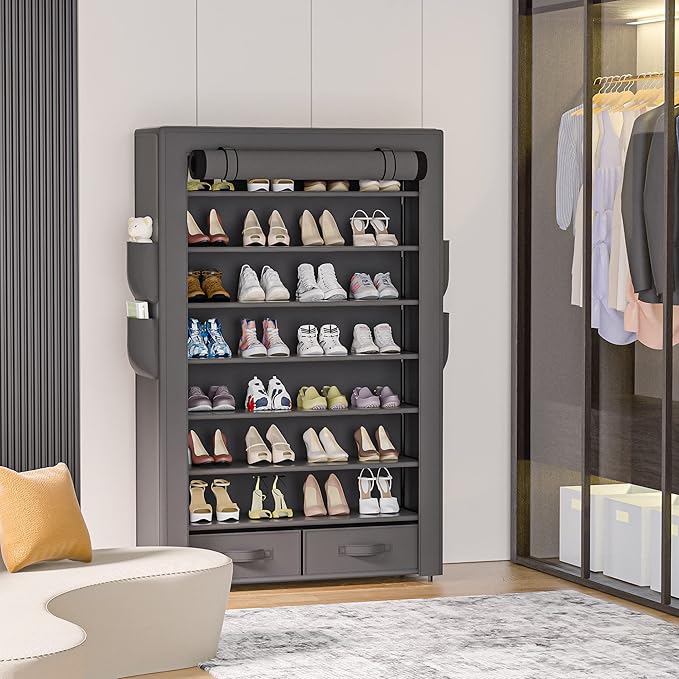 Shoe Rack Storage Cabinet 32 Pairs Organizer Shelf Tall for Shoes Large Free Standing Racks Vertical Shoe Holder Stand with Cover Two Boxes Closet-NeatNest
