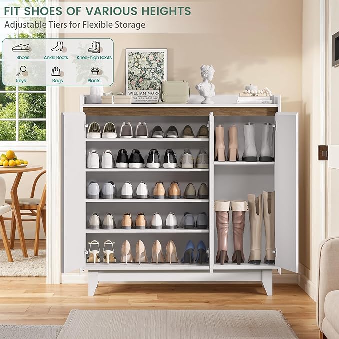Shoe Storage Cabinet with 3 Doors, 43.7" Tall Fluted Shoe Cabinet for Entryway, 6-Tier Freestanding Shoe Rack Organizer for Foyer, Hallway, White-NeatNest