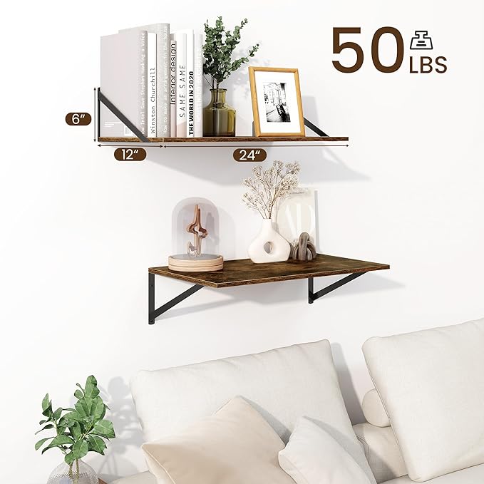 Fun Memories Floating Shelves for Wall, 12 Inch Deep Floating Shelves Set of 2, 24W x 12D Large Wall Shelf with Sturdy Metal Brackets for Living Room, Bathroom, Bedroom and Kitchen, Rustic Brown-NeatNest