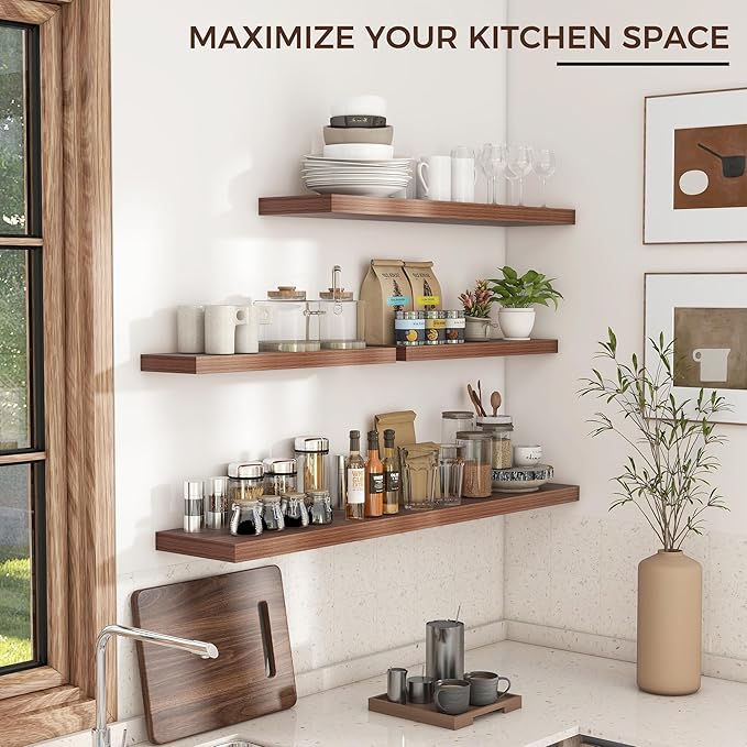 Floating Shelves for Wall, 36"W x 7.8"D x 1.5"H, 2 Pack of Long Wall Mounted Engineered Wood Shelves with Invisible Brackets for Living Room, Bedroom, Bathroom, Kitchen Decor and Storage, Walnut-NeatNest
