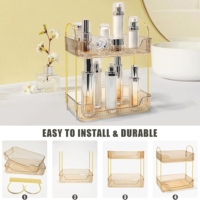 Bathroom Counter Organizer Countertop Storage Skincare Countertop Makeup Organizer Cosmetics Skincare Organizers Holder for Perfume-Amber-golden pole-NeatNest