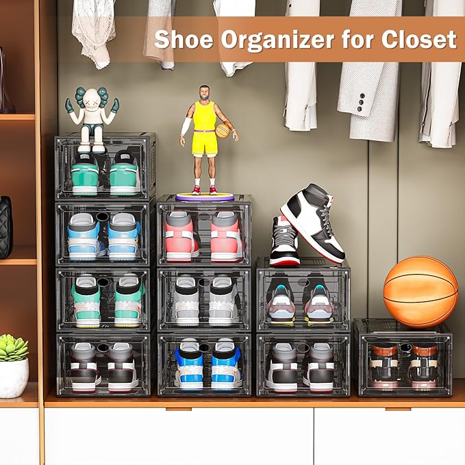 10 Pack Thicken Shoe Organizer Stackable,Upgraded Sturdy Shoe Storage Box with Magnetic Door,Shoe Containers For Sneaker Display,Hat Organizer,Black…-NeatNest