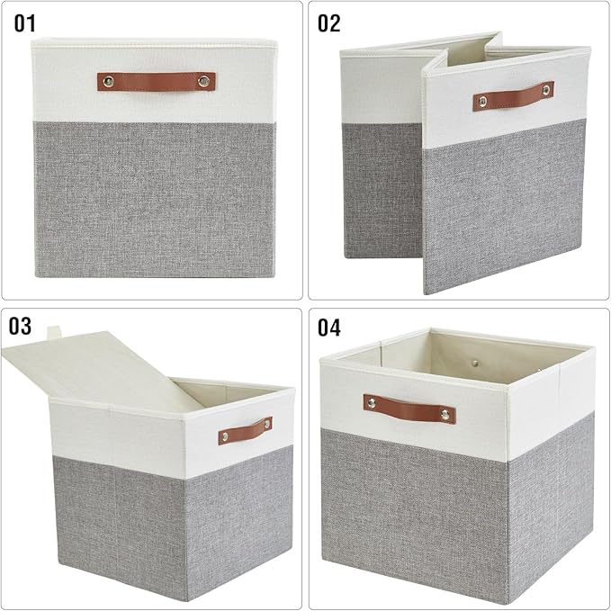 Collapsible Fabric Storage Cube Bins with 2 Reinforced PU Handles, Foldable Storage Organizer Baskets for Closet, Shelves, Living Room | 11"x11"x11", 4 Pack, Gray & White-NeatNest