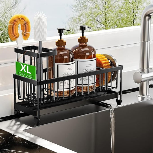 Cisily Extra Large Black Sponge Holder for Kitchen Sink, Sink Caddy Organizer with High Brush Holder, Kitchen Countertop Organizers and Storage Essentials, Rustproof 304 Stainless Steel-NeatNest