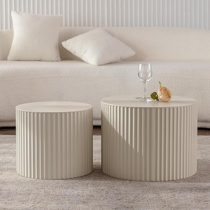 KEVINSPACE Nesting Coffee Table Set of 2 Circle CoffeeTable Modern NestingTables for Living Room Round Fluted Wooden CoffeeTabl No Need Assembly for Bedroom Balcony Lounge 33.86" Beige