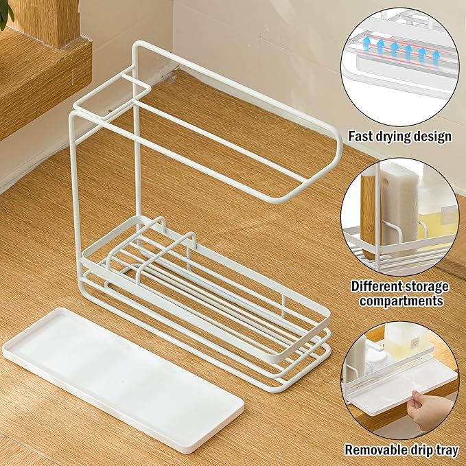 Poeland Sponge Holder with Drain Pan, Kitchen Sink Caddy Organizer for Sponge Brush Soap Dish Dishcloth Rack (Large Size)