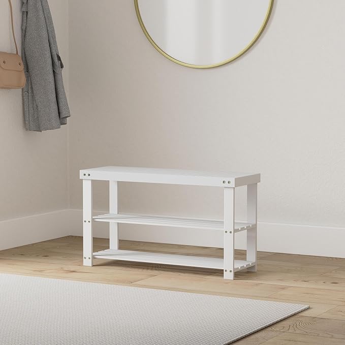 SMIBUY Bamboo Shoe Rack Bench, 3-Tier Shoe Organizer Storage Shelf for Entryway Hallway Bathroom Living Room (White)-NeatNest