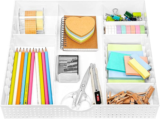 CAXXA 3 Slot Drawer Organizer with 4 Adjustable Dividers - Junk Drawer Storage for Makeup & Vanity, Office Desk Supplies and Accessories (WHITE, 1 PACK)-NeatNest