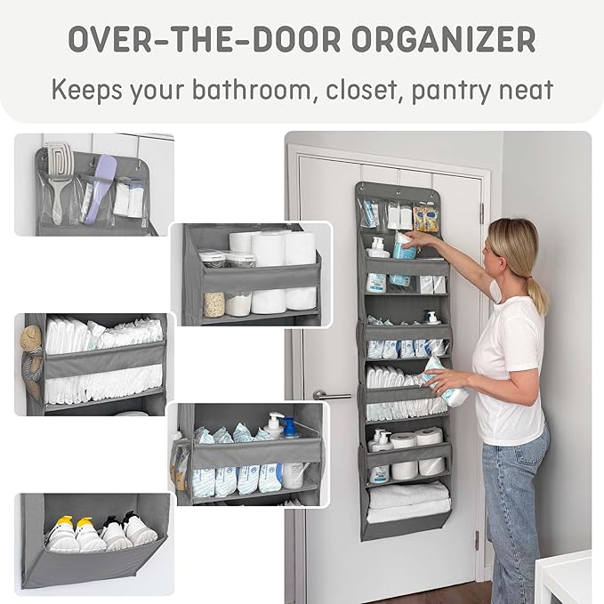 Heavy Duty Over The Door Organizer Hanging Storage – 6-Tier Behind The Door Storage with 5 Large, 6 Side & 3 PVC Pockets – 50 lbs Hanging Organizer for Closet, Nursery, Bathroom – 1 Pack, Gray-NeatNest