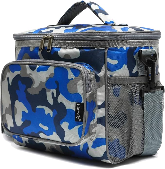 FlowFly Insulated Reusable Lunch Bag Adult Large Lunch Box for Women and Men with Adjustable Shoulder Strap,Front Zipper Pocket and Dual Large Mesh Side Pockets,BlueCamo-NeatNest