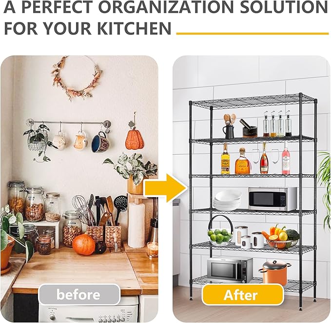 16''Lx42''Wx72''H 6 Shelf Wire Shelving Unit Heavy Duty Metal Storage Shelves NSF Wire Shelf Organizer Black Height Adjustable Utility Steel Commercial Grade Layer Shelf Rack 1500 LBS Capacity-NeatNest