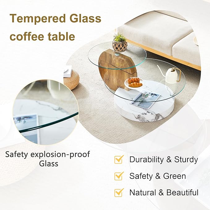Glass Coffee Tables Round Coffee Tables for Living Room Modern 3 Tier Round Table Circle Coffee Table for Small Space Home Office (42 Inch White + Wood)