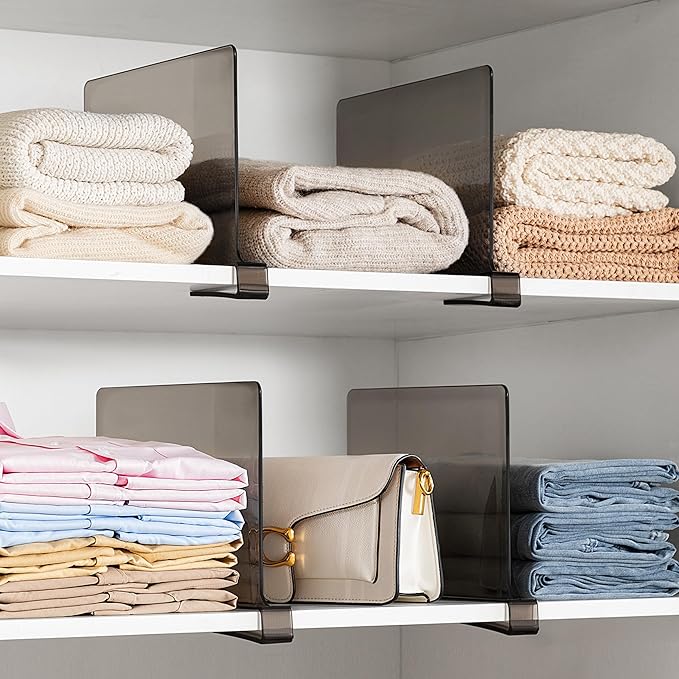 HBlife 8 Pack Grey Shelf Dividers, Vertical Purse Organizer for Closet Perfect for Sweater, Shirts, Handbags in Bedroom and Kitchen, Adjustable Acrylic Bookshelf for Organization-NeatNest