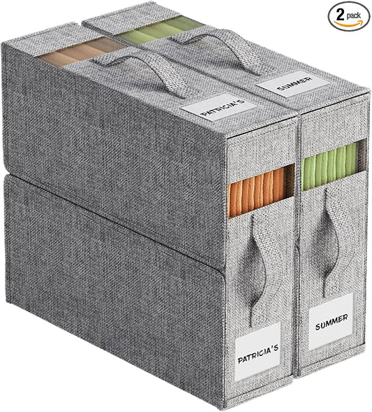2Pack Sheet Organizers and Storage with Handles – Foldable Linen Closet Storage for King & Queen Sheet Sets – Clear Window & Removable Labels – Dustproof & Space-Saving Design, Grey-NeatNest