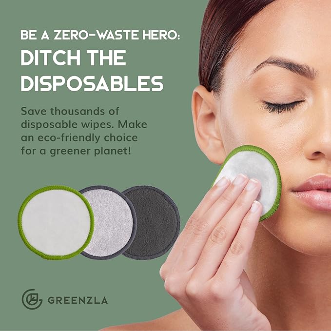 Greenzla Reusable Makeup Remover Pads, Washable Bamboo Cotton Rounds with Mesh Laundry Bag, Travel Pouch, Pad Holder - Reusable Cotton Rounds for All Skin Types - Perfect for Face Care, 30 Pack-NeatNest