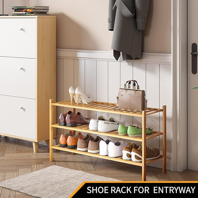 Long Shoe Rack, 3-Tier Bamboo Stackable Shoe Shelf Storage Organizer, Shoe Stand for Closet, Entryway and Hallway-NeatNest