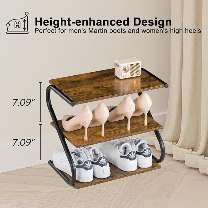 Small 3-Tier Shoe Rack, Z-Frame Wooden Shoe Shelf with Durable Metal Shelves for Hallway, Living Room, Closet, Bedroom (17.2”)-NeatNest
