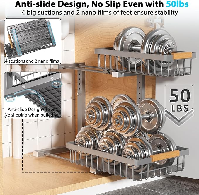 Under Sink Organizer Storage 2 Pack, 2 Tier Slide Out Height Adjustable Pull Out Cabinet Organizer Drawer for Kitchen Bathroom Large Under Sink Shelf Rack Caddy for Pantry, Grey-NeatNest