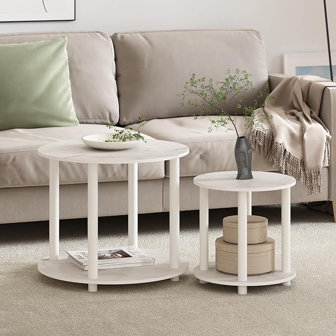 Furinno Turn-N-Tube Simple Design 2-Tier Round Wooden Small Coffee Table, Marble White-NeatNest