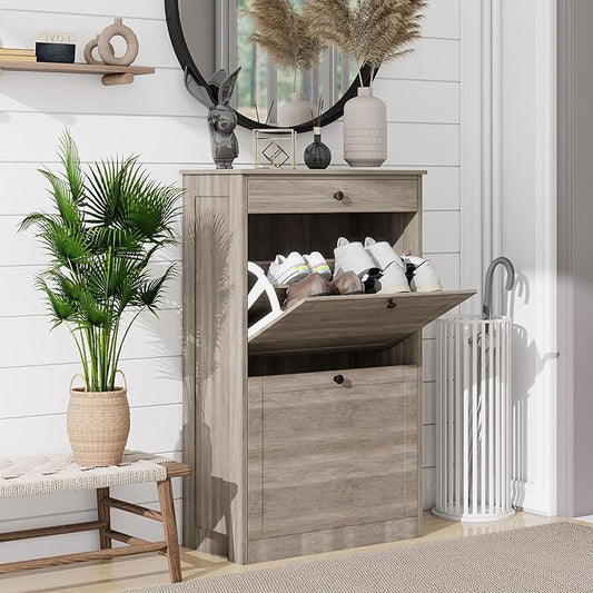 Shoe Cabinet with 2 Flip Drawers, Narrow Freestanding Shoe Storage Organizer, Slim Wooden Hidden Shoe Rack for Front Door Entrance, Closet, Hallway, Living Room, Rustic Gray-NeatNest