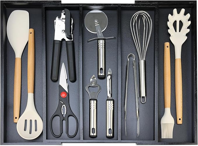 Expandable Large Kitchen Utensil Drawer Organizer Storage Black Bamboo Silverware Organizers Tray Divider Adjustable Spoon Flatware Organizer Wood Cutlery Tray Cooking Utensils Tool Holder Drawer-NeatNest