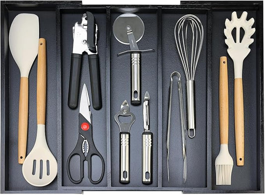 Expandable Large Kitchen Utensil Drawer Organizer Storage Black Bamboo Silverware Organizers Tray Divider Adjustable Spoon Flatware Organizer Wood Cutlery Tray Cooking Utensils Tool Holder Drawer-NeatNest