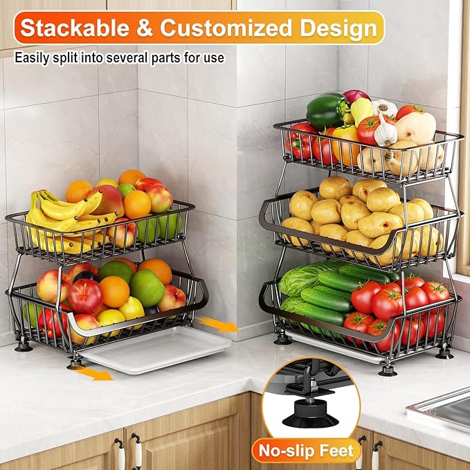 3-Tier Rolling Pantry Cart with Wheels, Stackable Wire Storage Floor Organizer for Kitchen Pantry Snack Shelves, Fruit Basket Stand, Vegetable Storage Rack for Snacks Fruits Onion Potato