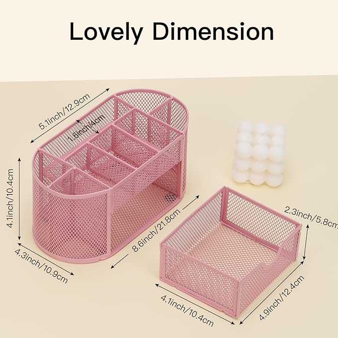 EOOUT Pink Desk Organizer, Pen Holder for Desk and Accessories, Mesh Desk Organizer with 8 Compartments and 1 Drawer for Office Home School Classroom-NeatNest