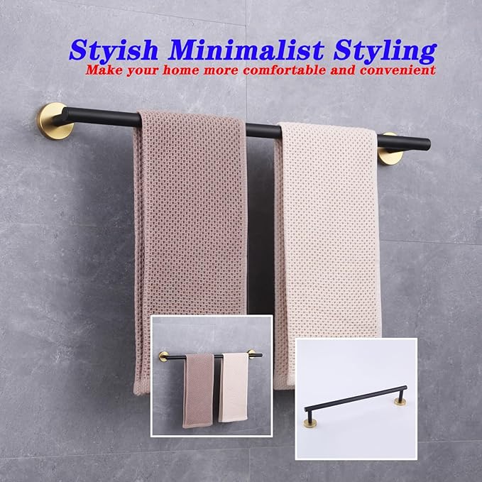 GERZWY SUS 304 Stainless Steel 24-Inch Bathroom Towel Bar Modern Round Style Bath Towel Bar Wall Mount (Black & Gold) AG1101C60-BD