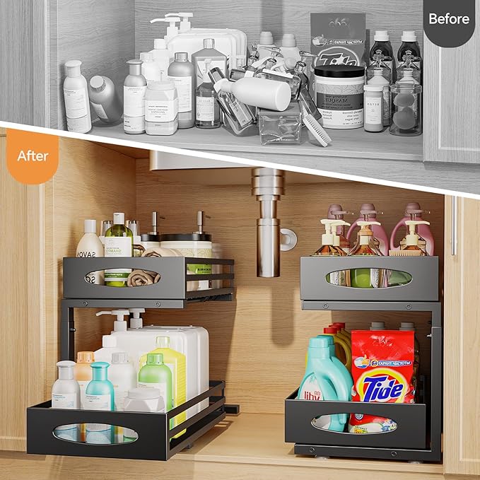 Under Sink Organizer, 2 Tier Under Sink Organizers and Storage, Adjustable Height, Slide out Metal Cabinet Organizers, Pull out Cabinet Storage Drawer Shelf for Kitchen Bathroom Black, 1 Pack-NeatNest