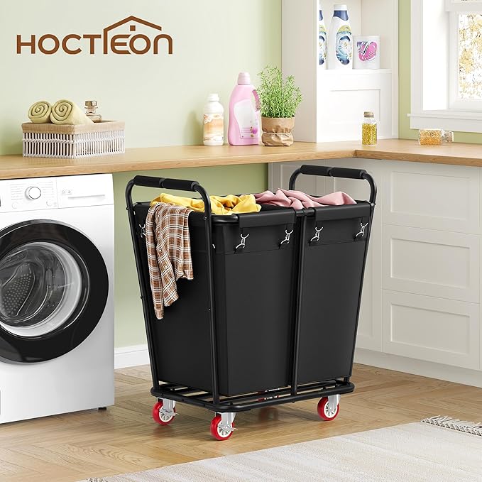 Hoctieon 2 Section Laundry Sorter Cart, 300L Rolling Hamper with Wheels, Industrial Laundry Basket Organizer, Large Dirty Clothes Hamper for Home & Hotel, Heavy Duty, Black-NeatNest