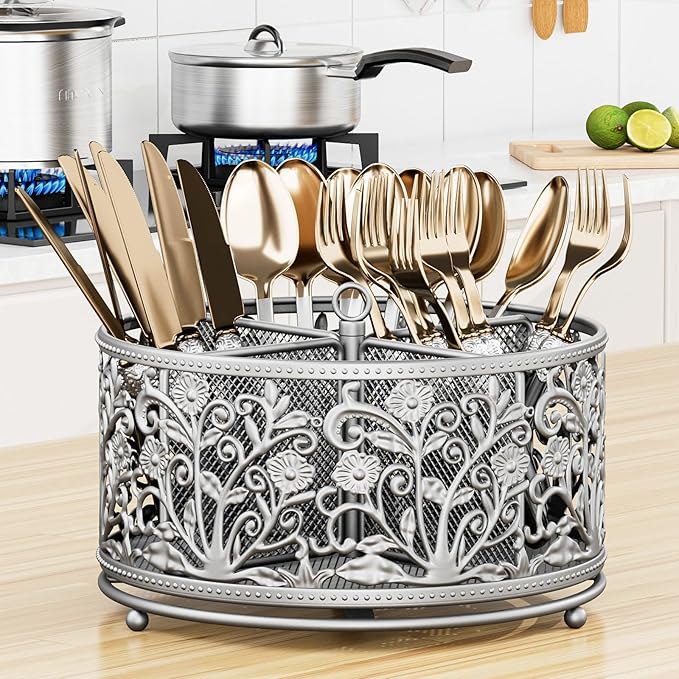 360° Rotating Utensil Caddy - Silverware Cutlery Caddy Holder with 4 Compartment, Metal Flatware Organizer Countertop with Handle for Party Camping Picnic, Kitchen Counter, Office (Silver)-NeatNest