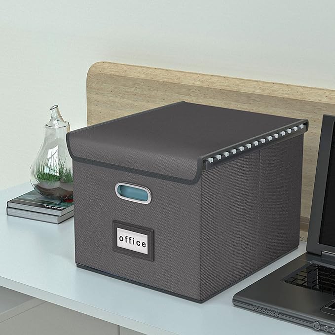 Huolewa File Organizer Boxes with Lids, Linen Office Document Storage Boxes, Filing Boxes, Decorative Small File Boxes for Hanging Files with Plastic Slide for Office/Cabinet/Decor/Home
