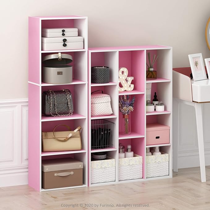 Furinno Luder Bookcase / Book / Storage , 11-Cube, White/Pink-NeatNest
