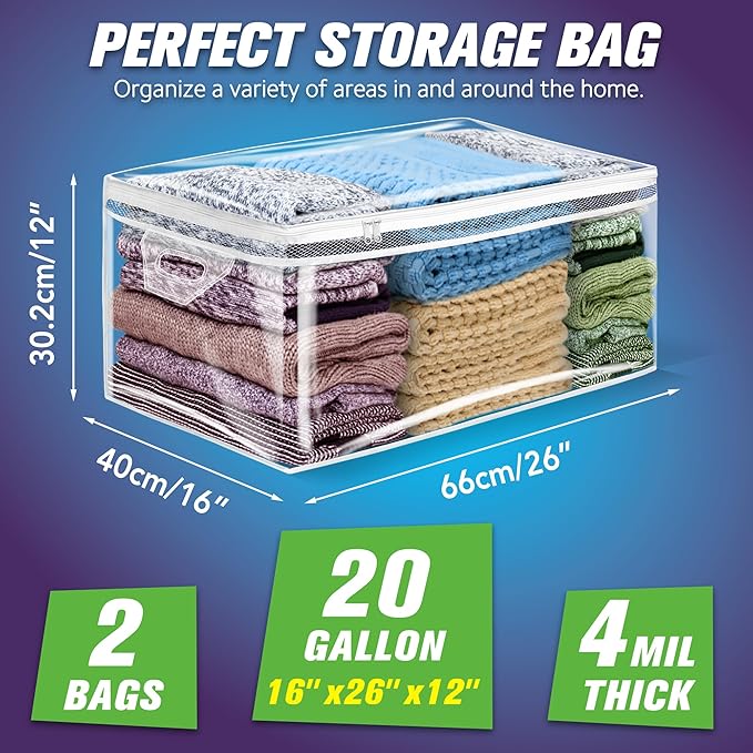 HIBAG 20 Gallon Large Storage Bag for Clothes, Zipper Clothing Storage Bag, Clear Organizer with Reinforced Handles, for Comforters Blankets Pillows Bedding (2 Pack)-NeatNest
