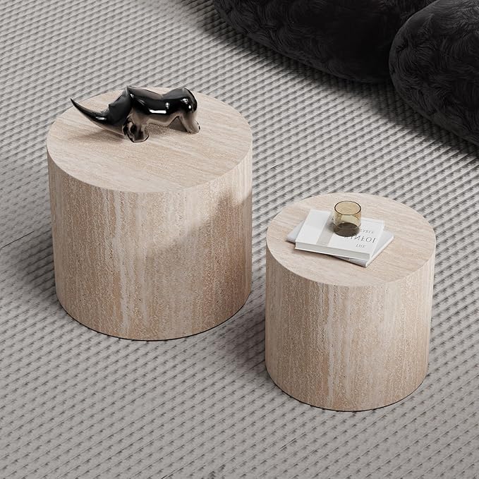 Round Nesting Coffee Tables Modern Travertine Coffee Table Small Round Coffee Tables Circular Side Table Accent End Table Nested Coffee Table Set for Living Room (Travertine)