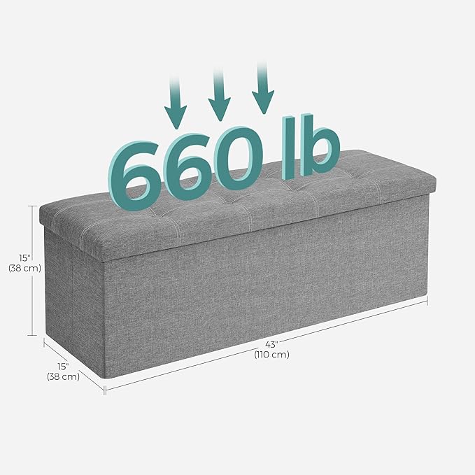 SONGMICS MAZIE Collection - 43 Inches Ottoman Storage Bench, 35 Gal. Folding Chest with Breathable Linen-Look Fabric, Load up to 660 lb, for Entryway, Living Room, Bedroom, Light Gray ULSF077G05-NeatNest