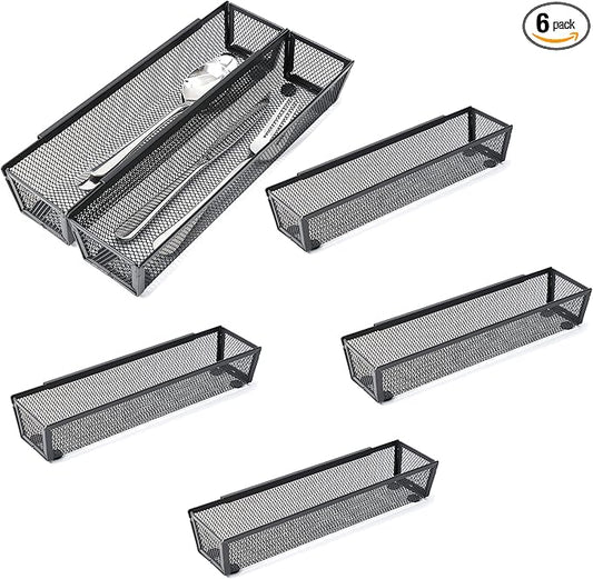 6 Pack Black Silverware Drawer Organizer Kitchen Drawer Utensil Cutlery Tray Office Supplies with Inter-locking Arm Drawer Dividers Organizer for Silverware, Flatware, Home,Office, School,Bedroom 12X3-NeatNest