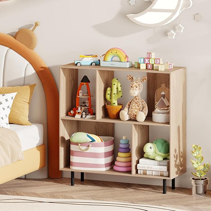 4 Cube Bookcase, Wood Storage Organizer with 4 Metal Legs, Bookshelf with Storage, Cubical Storage Shelf, Wooden Book Shelf, Display Shelves for Bedroom, Living Room, Entryway