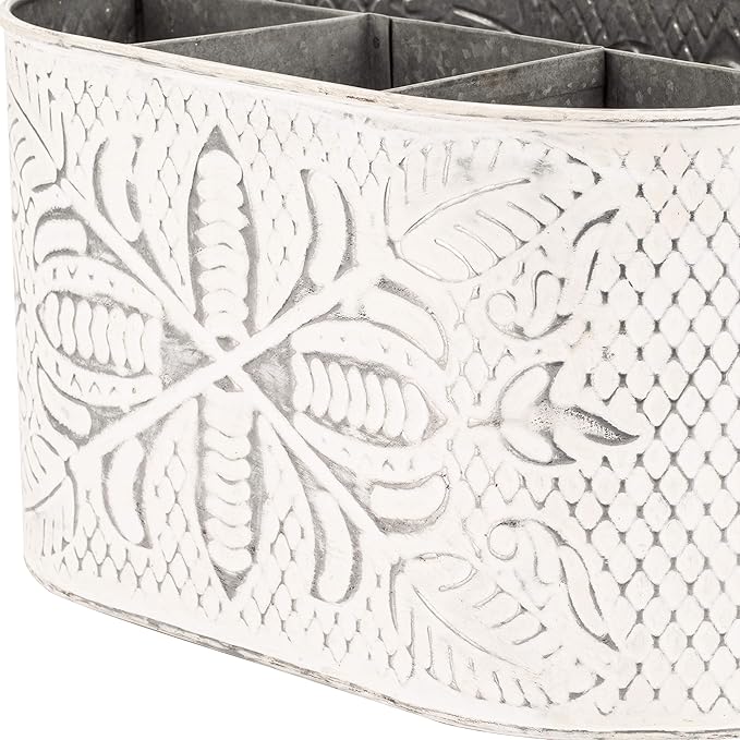 CRAFTSMAN ROAD Distressed White Metal Caddy – Farmhouse Galvanized Kitchen Organizer with Handle – Vintage Rustic Multi-Compartment Holder for Napkins, Plates, Cutlery, Flatware, Cleaning Supplies-NeatNest