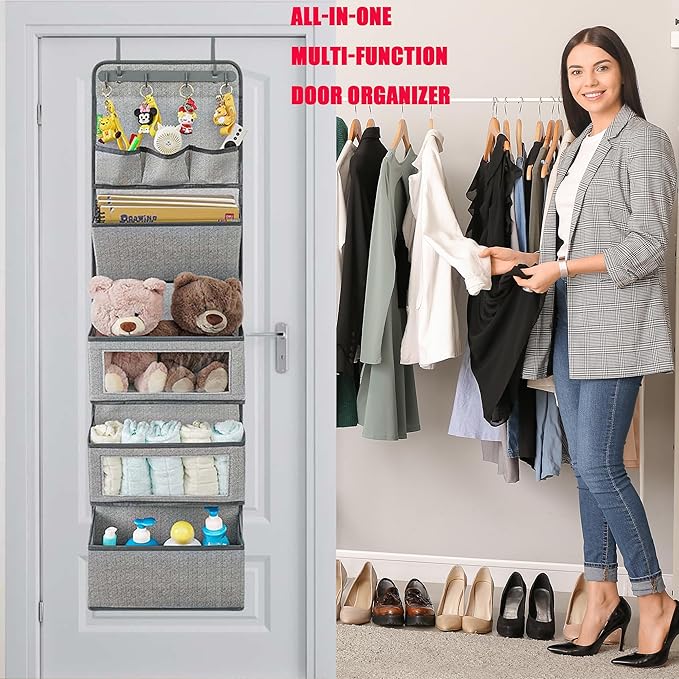VICTORICH All-IN-ONE Over the Door Organizer, Super Behind the Door Storage Organizer with Door Rack and Large Clear Windows, Wall File Organizer, Hanging Organizer (New Herringbone Gray)
