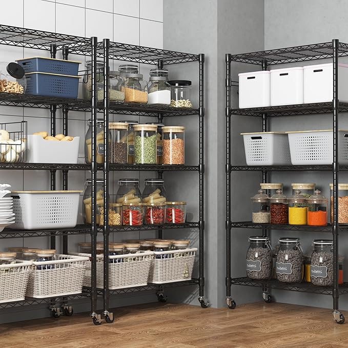 Homdox 5 Tier Metal Storage Shelves with Wheels, Heavy Duty Wire Shelving Unit, Adjustable Storage Racks with Side Hooks for Bathroom Kitchen Garage Pantry Organization, Black-NeatNest