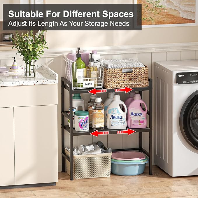 Expandable Metal Storage Shelves, 300 LBS Heavy Duty Metal Shelving Unit Rack For Pots And Pans Appliances Heavy Items, Adjustable 2 Tier Storage Shelf Rack Organizer For Kitchen Pantry Garage Laundry-NeatNest