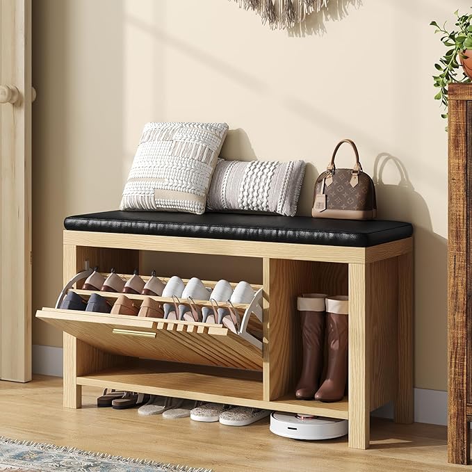 40" Shoe Storage Bench with Flip Drawers & Padded Seat Cushion, Adjustable Shelf, Slatted Doors Entryway Bench Shoe Cabinet with Bench for Entryway Living Room Bedroom, Natural
